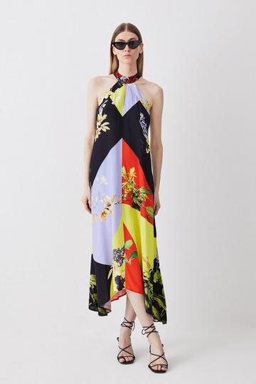 Tall Color Block Floral Halter Neck Woven Midi Dress multi