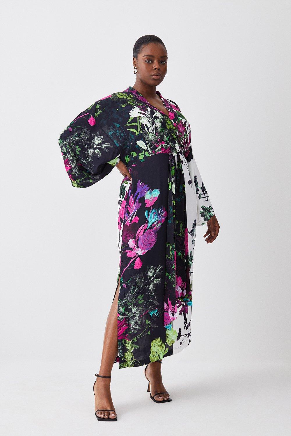 Size Mono Colourblock Floral Kimono Woven Midi Dress | Karen