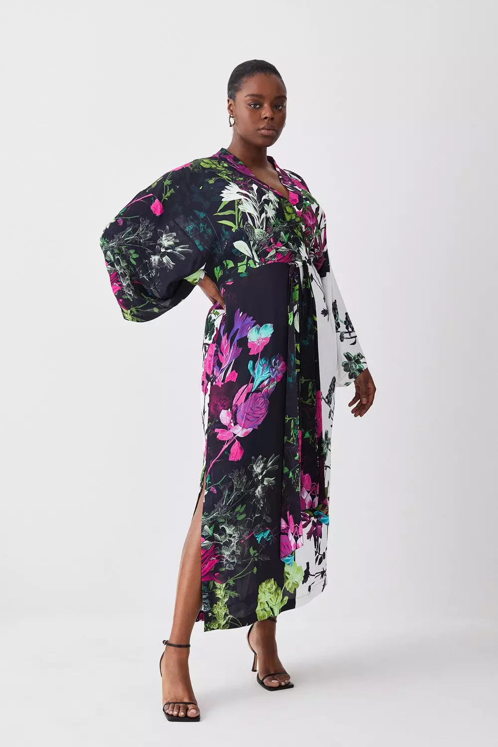 Plus Size Mono Colorblock Floral Kimono Woven Midi Dress