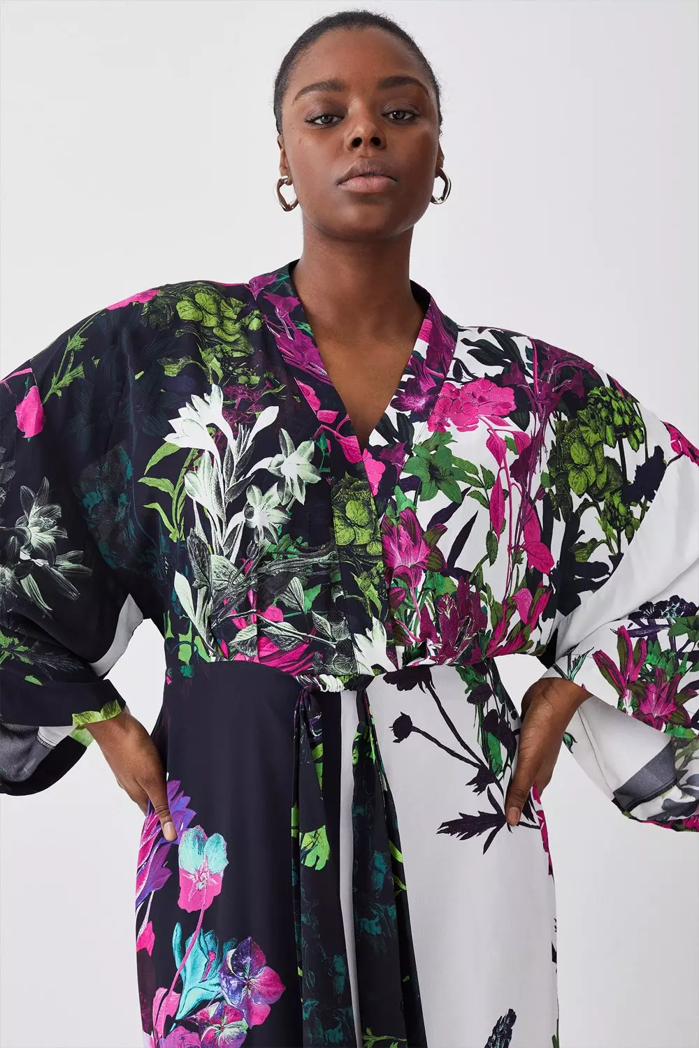 saltet Dempsey Installere Plus Size Mono Colorblock Floral Kimono Woven Midi Dress | Karen Millen