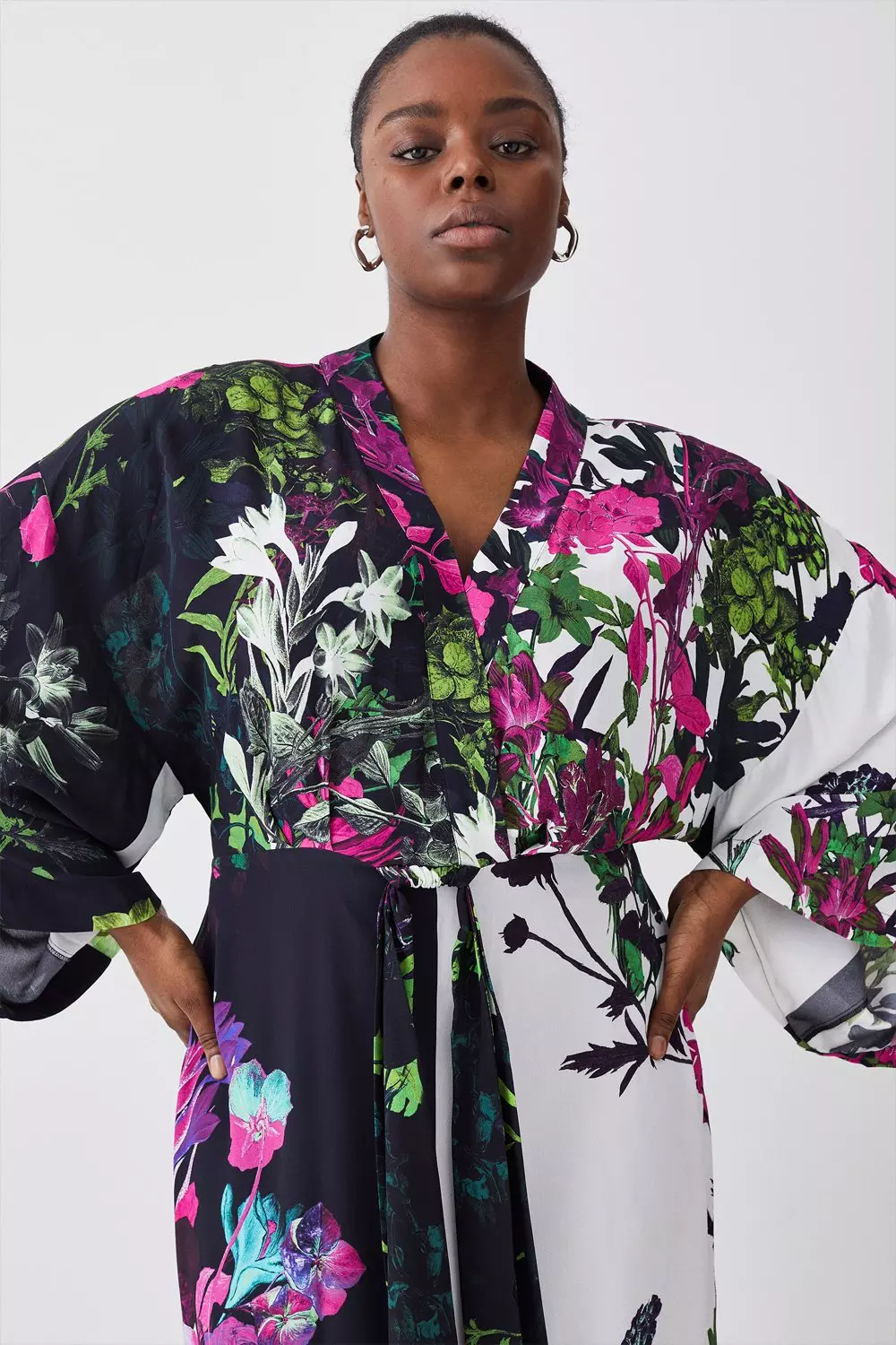 Plus Size Mono Colorblock Floral Kimono Woven Midi Dress