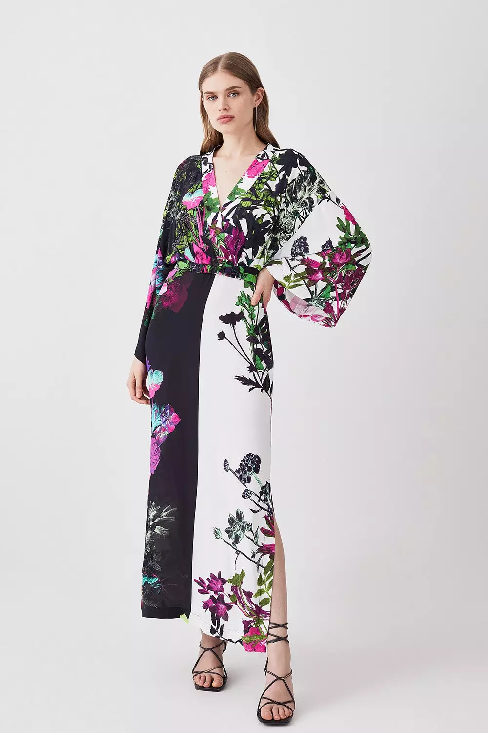 Tall Mono Colorblock Floral Kimono Woven Midi Dress | Karen Millen