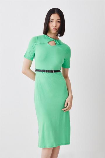 Cut Out Belted Viscose Blend Jersey Midi Dress green