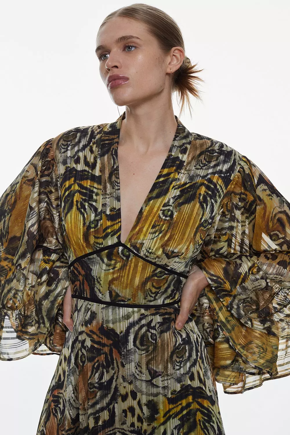 Tiger Printed Drama Kimono Woven Maxi Dress | Karen Millen