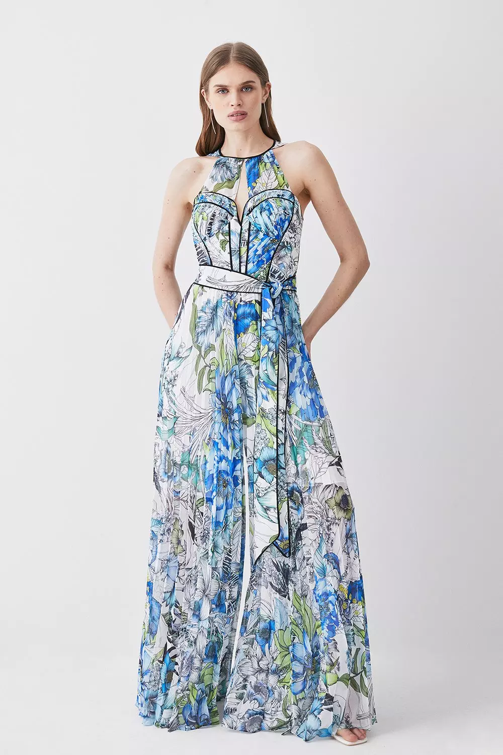 KAREN MILLEN Tall Corset Detail Floral Pleated Dress in Multi