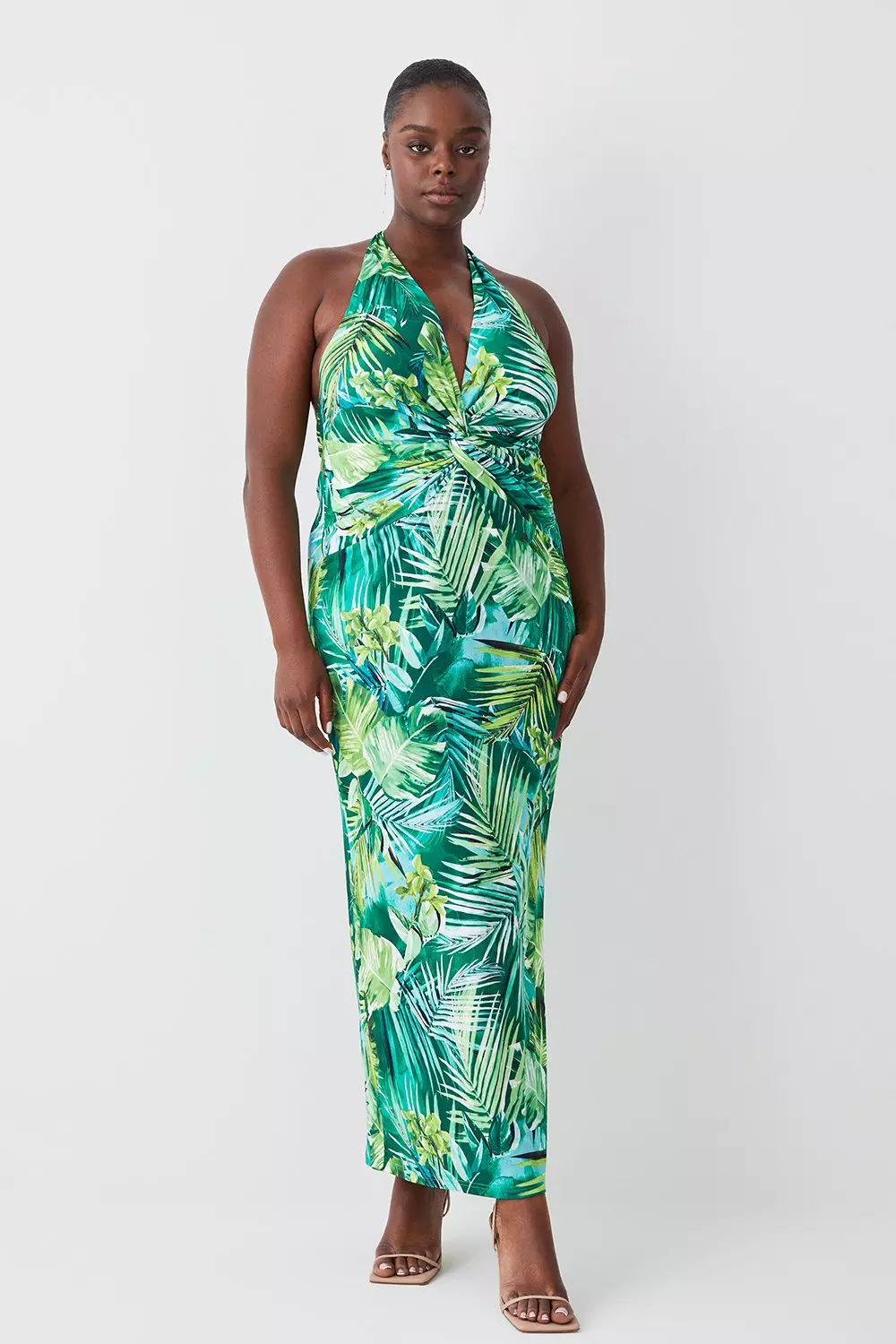 Plus Size Palm Print Halter Jersey Maxi Dress | Karen Millen