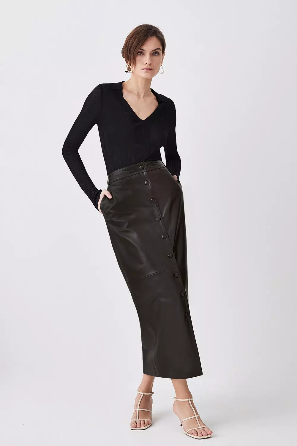 Leather Zip Through Maxi Pencil Skirt | Karen Millen