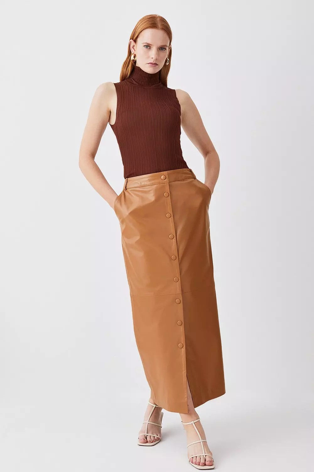 Leather midi skirt camel sale