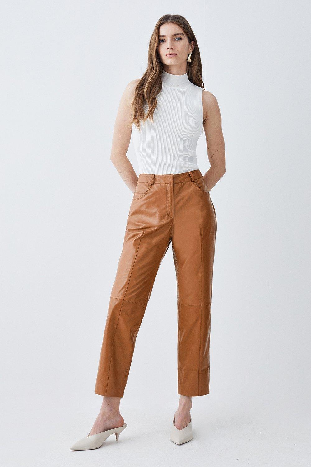 Grenj Fashion Beige Wide Leg Leather Trousers with Pocket Detail