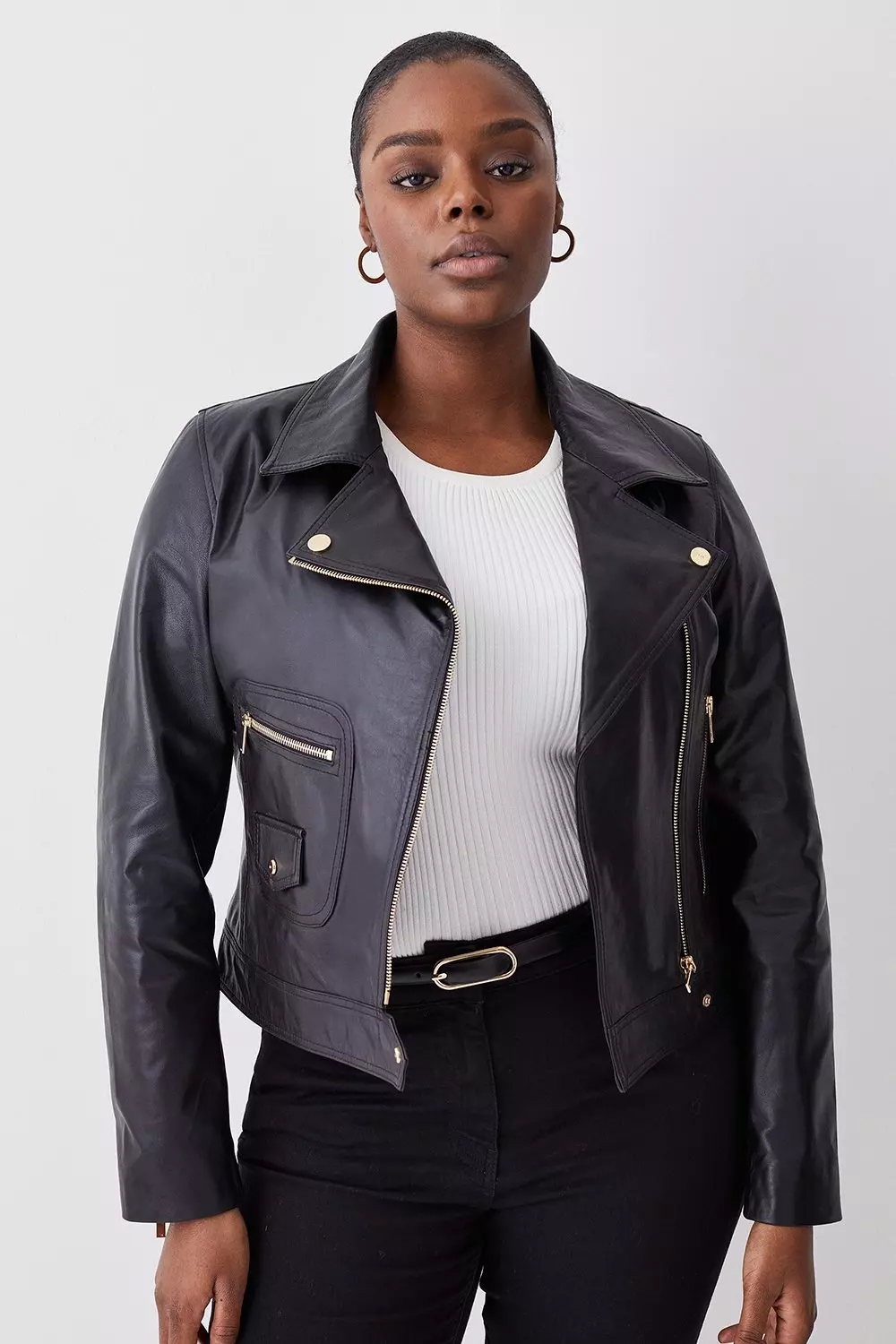 Plus Size Leather Pocket Detail Moto Jacket Karen Millen