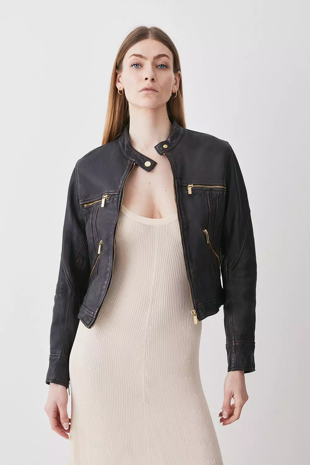 Washed Leather Collarless Jacket Karen Millen