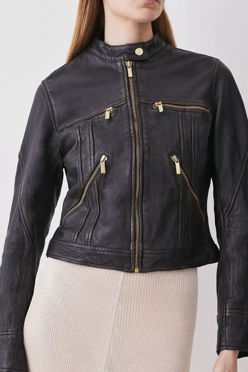 Karen millen collarless leather on sale jacket