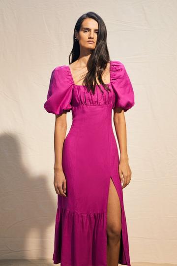 Linen Viscose Puff Sleeve Midi Sundress magenta