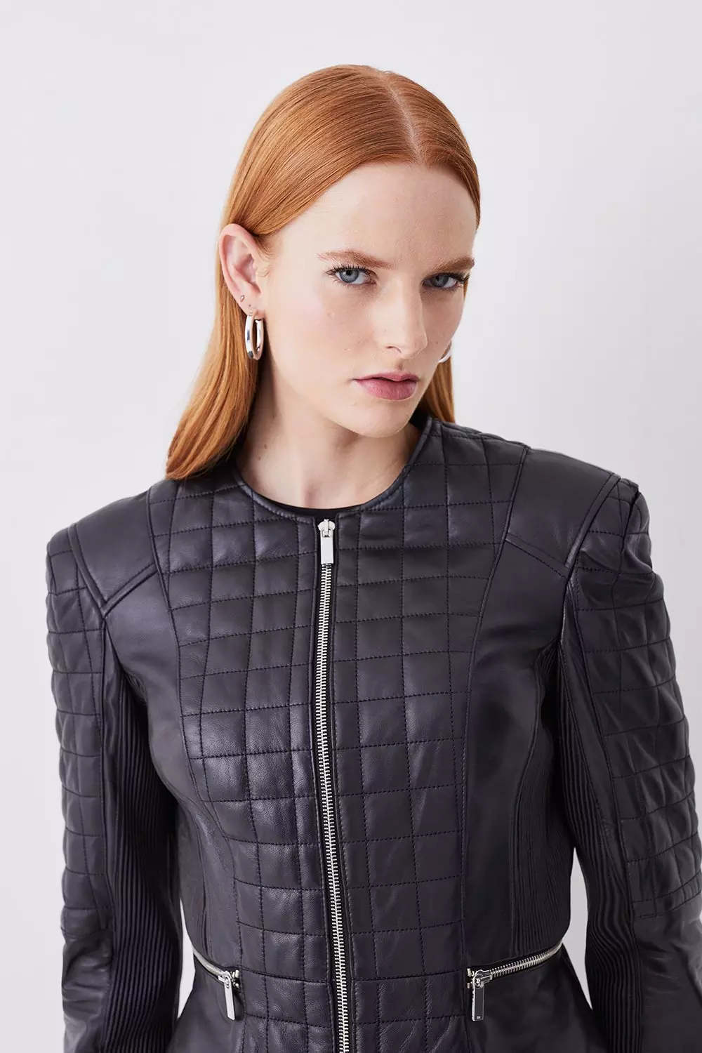 Leather Quilted Panelled Collarless Jacket