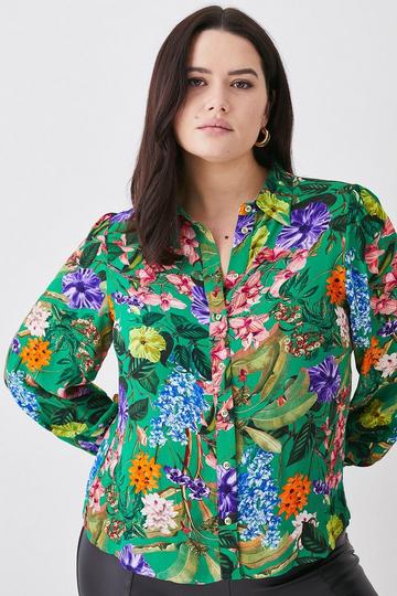 Plus Size Spring Floral Woven Shirt summer green