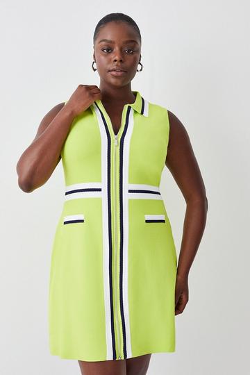 Plus Size Sporty Full Needle Collared Knit Dress lime