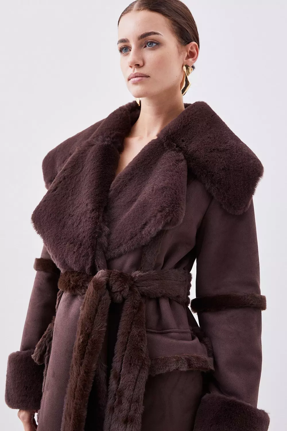 Petite Faux Shearling Collar & Cuff Tie Belt Maxi Coat | Karen Millen