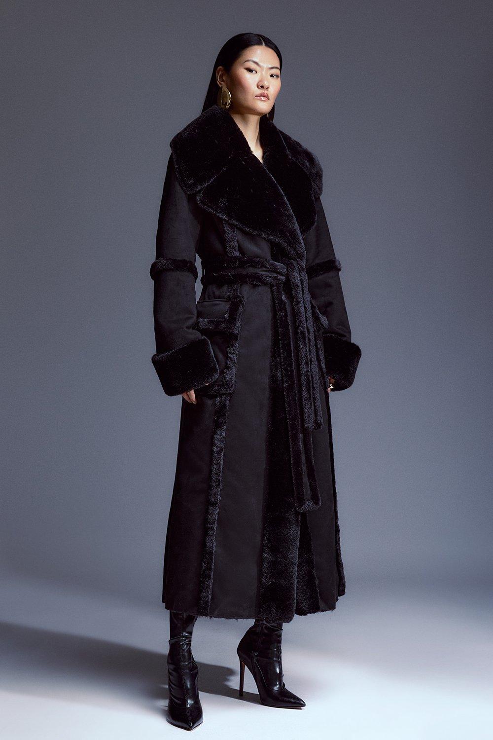 Faux Shearling Collar & Cuff Tie Belt Maxi Coat - Black