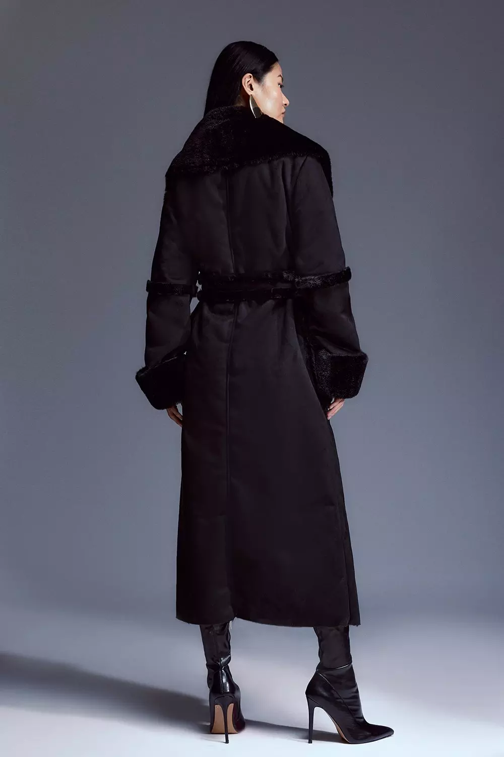 Faux Shearling Collar & Cuff Belted Short Coat