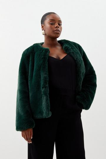 Plus Size Faux Fur Collarless Jacket forest