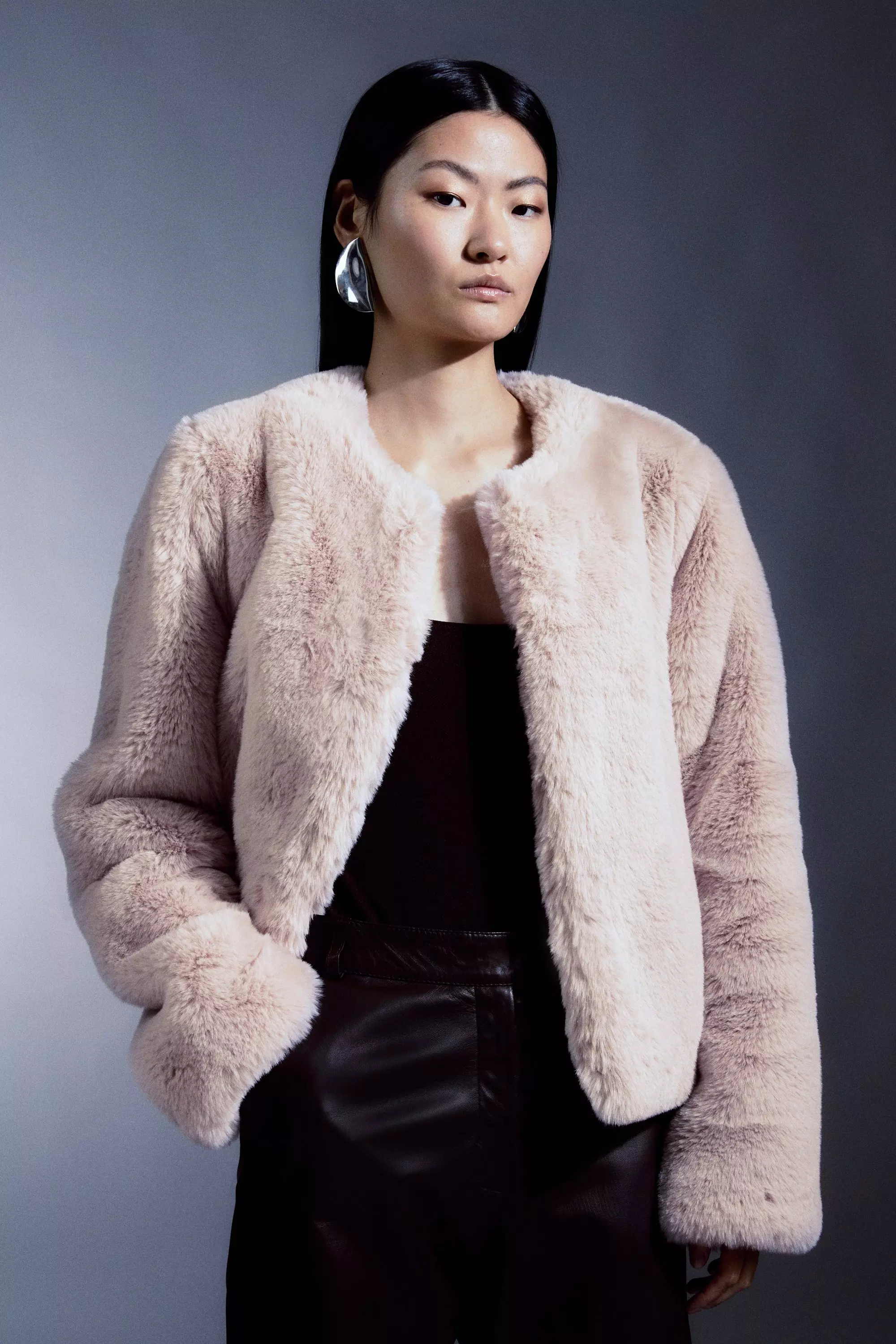 Pink on sale collarless coat