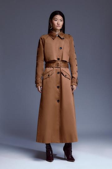 Button Detail Belted Maxi Trench Coat brown