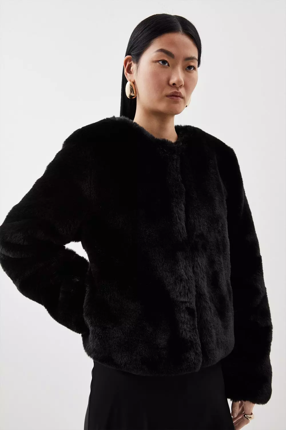 Black faux on sale fur collarless jacket