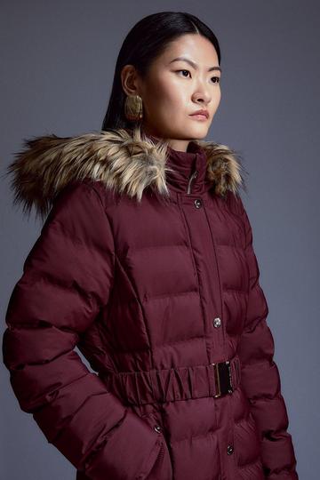 Heat Seal Puffer Belted Faux Fur Hood Longline Jacket berry