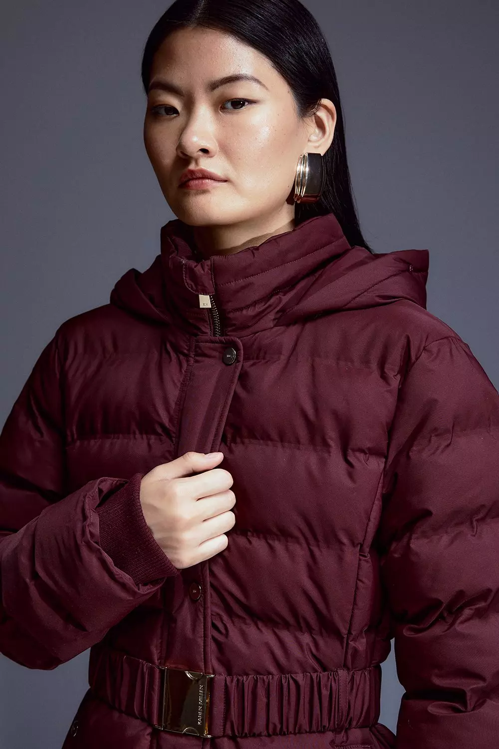 Burgundy puffer coat on sale with fur hood