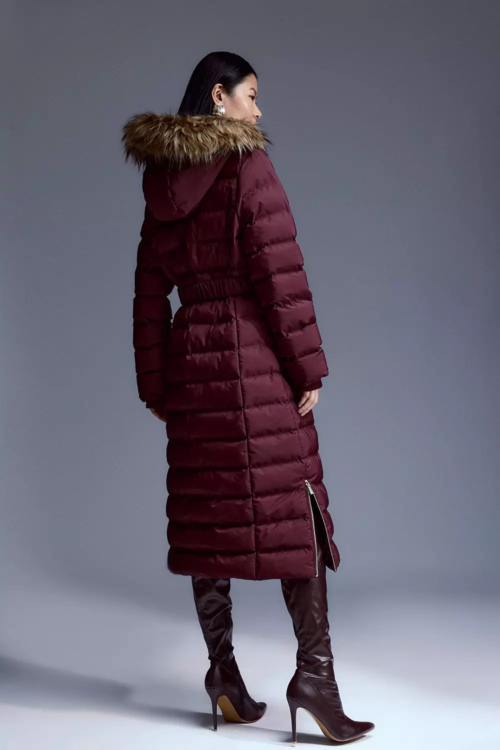 Heat Seal Puffer Belted Faux Fur Hood Longline Jacket