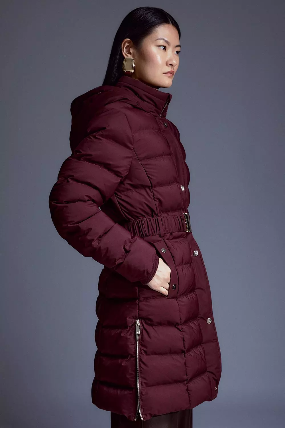 Burgundy puffer coat 2024 with fur hood