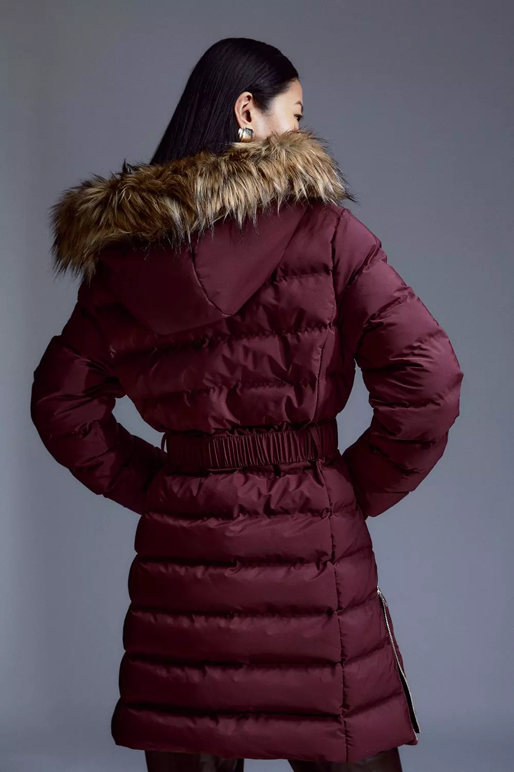 Belted puffer jacket with fur hood hot sale