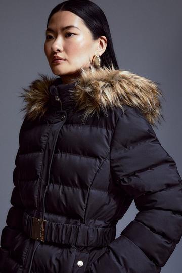 Heat Seal Puffer Belted Faux Fur Hood Jacket black