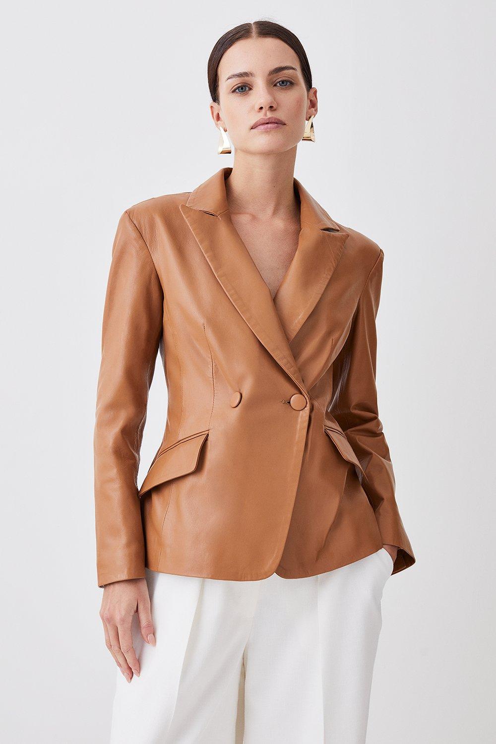 Petite Leather Corset Waist Back Tailored Blazer Jacket | Karen Millen