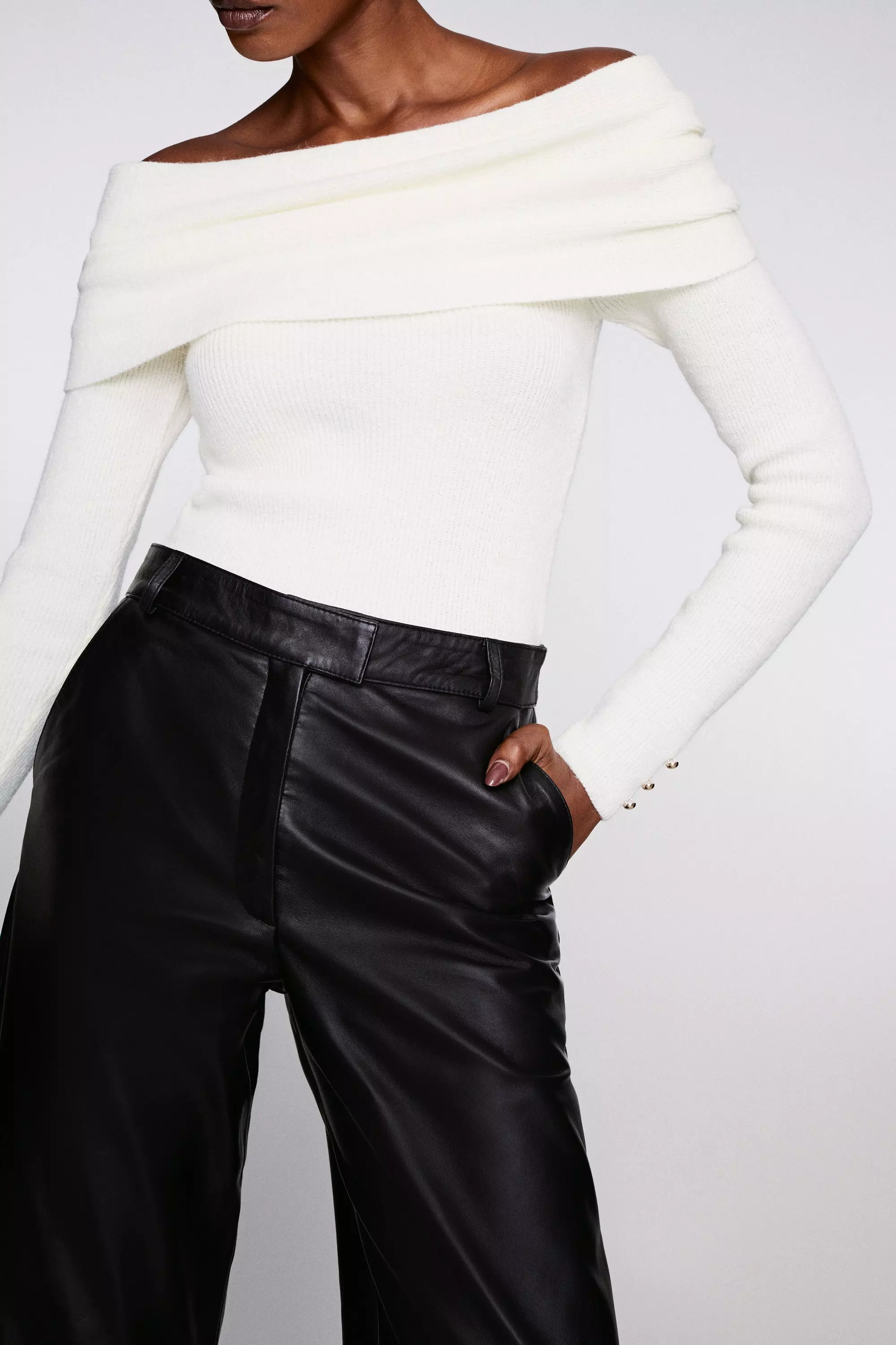 Petite Faux Leather High Waisted Wide Leg Trousers