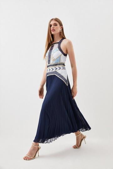 Blue Guipure Lace Tile Printed Embroidered Midi Dress