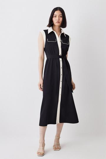 Black Twill Button Through Woven Midi Shirt Dress