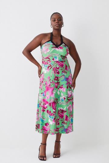 Green Plus Size Print Drape Jersey Midi Dress