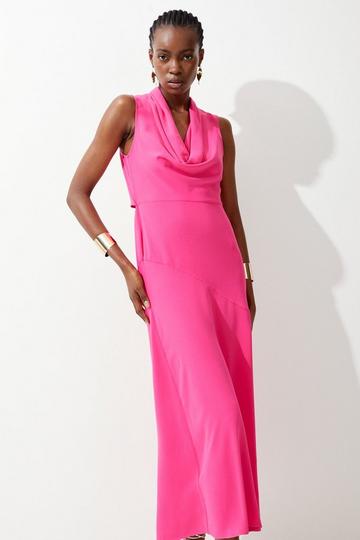 Cowl Neck Woven Crepe Midi Dress hot pink