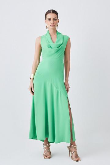 Green Petite Cowl Neck Woven Crepe Midi Dress