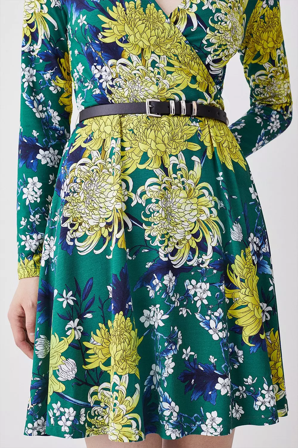 Floral Belted Viscose Blend Long Sleeve Jersey Skater Dress | Karen Millen