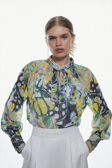 Butterfly Metallic Beaded Tie Neck Woven Blouse floral
