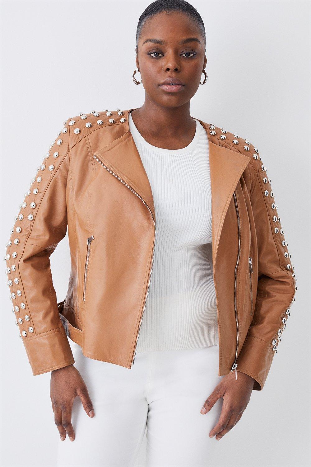 Plus Size Leather Dome Stud & Quilted Detail Jacket | Karen Millen