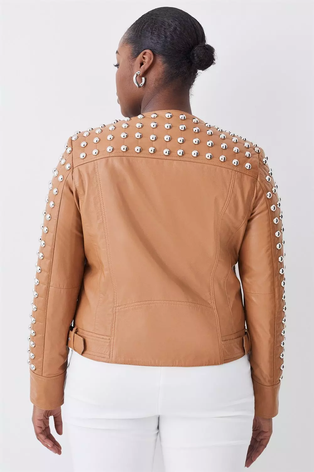 Size Leather Dome & Quilted Detail Moto Jacket | Karen Millen