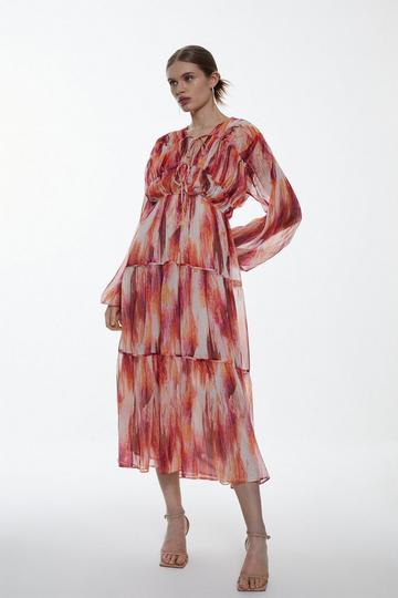 Watercolor Crinkle Shirred Tiered Woven Maxi Dress pink