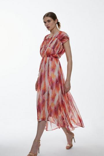 Pink Watercolor Crinkle Shirred Woven Maxi Dress