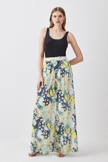 Butterfly Metallic Pleated Woven Wide Leg Trousers floral
