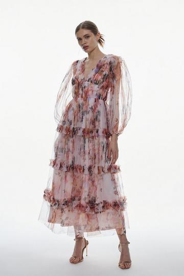 Multi Floral Tulle Plunge Woven Maxi Dress