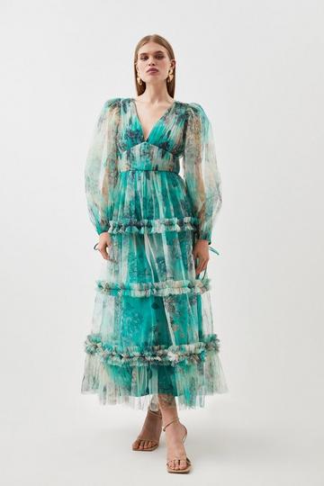 Green Floral Tulle Plunge Woven Maxi Dress