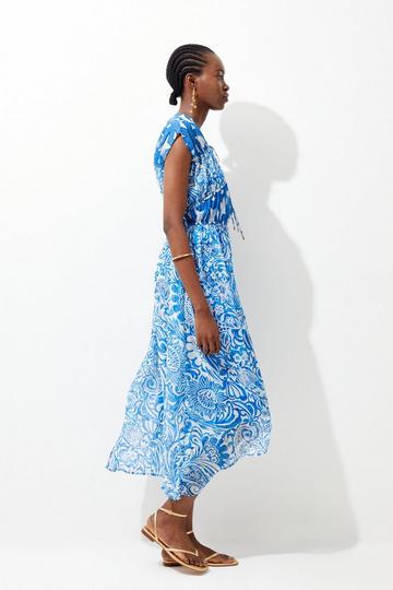 Floral Paisley Crinkle Shirred Woven Maxi Dress blue